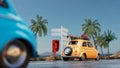 A yellow car is driving along the seaside road