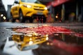 a yellow car is driving down the street with a puddle of blood on the road