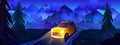 Yellow car driving night road in mountain valley Royalty Free Stock Photo
