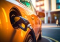 Yellow car at gas station being filled with fuel , AI Generated
