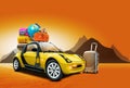 Yellow car with globe, hat, sunglasses, camera, multicolored suitcases on roof, mountains, orange background. Collage