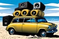 Yellow car with powerful audio speakers on the sea beach