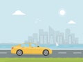 Yellow car rides on a highway on the background of skyscrapers. Banner concept design road trip. Travel by car. Royalty Free Stock Photo