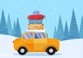 Yellow car with suitcase on the roof. Winter family traveling by car. Flat cartoon vector illustration. Car Side View With stack