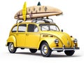 Yellow car with surfboard on the roof isolated on white background. Generative AI. Royalty Free Stock Photo