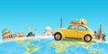 Yellow car travel across the world concept