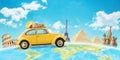 Yellow car travel across the world. Concept of travel and vacation around the world Royalty Free Stock Photo