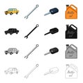 Yellow car, wrench, ignition key, canister of engine oil. Car and accessories set collection icons in cartoon black Royalty Free Stock Photo