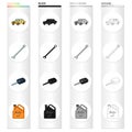 Yellow car, wrench, ignition key, canister of engine oil. Car and accessories set collection icons in cartoon black