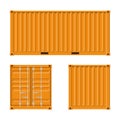 Yellow Cargo Container for shipping and sea export isolated on white background. Front, back and side view. Logistics