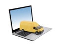 Yellow cargo delivery truck on laptop