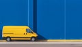 Yellow Cargo minibus van with blank side mock up on blue background, AI generated Royalty Free Stock Photo