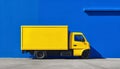 Yellow Cargo truck with blank side mock up on blue background, AI generated Royalty Free Stock Photo