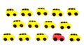 yellow cars and one different color, red car on a white background. The concept of individuality, leadership and business. Think