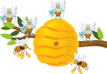 Yellow cartoon beehive on tree branch and bees