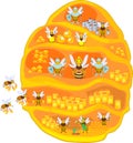 Yellow cartoon beehive on tree branch and honey bee family.