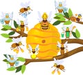 Yellow cartoon beehive on tree branch and honey bee family