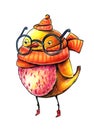 Yellow cartoon bird in red boots, wearing a warm hat and scarf, with spectacles on his nose