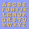 Yellow cartoon doodle english alphabet. Hand draw font in retro style.