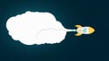 Yellow cartoon missile is flying in space. Space concept. A white cloud of smoke. Empty banner for your text. Starry sky with fall Royalty Free Stock Photo