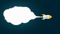 Yellow cartoon missile is flying in space. Space concept. White cloud of smoke. Empty banner for your text. Starry sky. Vector ill Royalty Free Stock Photo