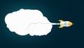 Yellow cartoon missile is flying in space. Space concept. A white cloud of smoke from the turbine. Empty banner for your text. Sta Royalty Free Stock Photo