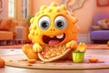 Yellow cartoon monster eating pizza on the floor with big eyes and a funny smile, Halloween