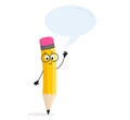 Yellow cartoon pencil character with blue speech bubble Royalty Free Stock Photo