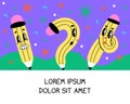 Yellow cartoon pencil. Creative background, birthday party invitation, diploma or certificate. Twisted and in question form, funny