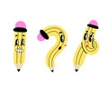 Yellow cartoon pencil. Twisted and in question form, funny faces with emotions, pink eraser, cute school mascot. Knowledge and