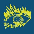 Yellow cartoon sketch of eyes on a blue background for your designs and decorations