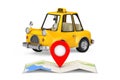 Yellow Cartoon Taxi Car near Folded Abstract Navigation Map with Target Map Pointer Pin. 3d Rendering