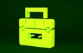 Yellow Case or box container for wobbler and gear fishing equipment icon isolated on green background. Fishing tackle Royalty Free Stock Photo