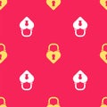Yellow Castle in the shape of a heart icon isolated seamless pattern on red background. Love symbol and keyhole sign. 8 Royalty Free Stock Photo