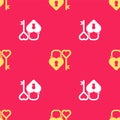 Yellow Castle in the shape of a heart and key in heart shape icon isolated seamless pattern on red background. Love Royalty Free Stock Photo