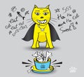 Yellow Cat eat fish vector illustration, Time to enjoy eating, Dracula cat, pet animal bowls with food, Cat cartoon Mascot Royalty Free Stock Photo