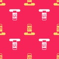 Yellow Cat scratching post with toy icon isolated seamless pattern on red background. Vector Royalty Free Stock Photo