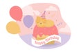 The yellow cat is sleeping on the cupcakes with many balloons in the birthday party.