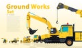 Yellow catalog set of ground works vehicles. Construction machines equipment. Royalty Free Stock Photo