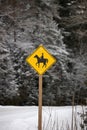 Yellow Caution Horse Riding Sign in a Rural Setting in Winter Royalty Free Stock Photo