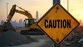 Yellow caution sign at construction site foreground with excavator in background. Urban development project in progress. Safety Royalty Free Stock Photo