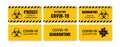 Yellow Caution Sign of COVID-19 Set. Warning Coronavirus Outbreak of Quarantine Area, Lock Down, Infection Virus Disease, Risk