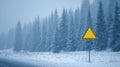 A yellow caution sign on a snowy road with snow falling in the background and trees behind it Royalty Free Stock Photo