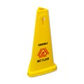 Yellow caution slippery wet floor sign labeled in English and Fr Royalty Free Stock Photo