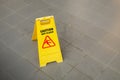 Yellow Caution Slippery Wet Floor Sign Showing and Warning of Caution Wet Floor on the Walk Way Royalty Free Stock Photo