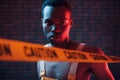 Yellow caution tape and uniform. Futuristic neon lighting. Young african american man in the studio Royalty Free Stock Photo