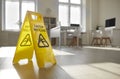 Yellow 'Caution Wet Floor' sign placed in clean empty office by janitorial service Royalty Free Stock Photo