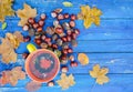 Yellow ceramic cup of herbal tea and vinyl records on aged wooden background with fall autumn leaves and chestnuts