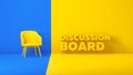 Yellow Chair on a Blue Backdrop and Title Text Discussion Board a Yellow Studio Background.