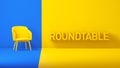 Yellow Chair on a Blue Backdrop and Title Text Roundtable a Yellow Studio Background.